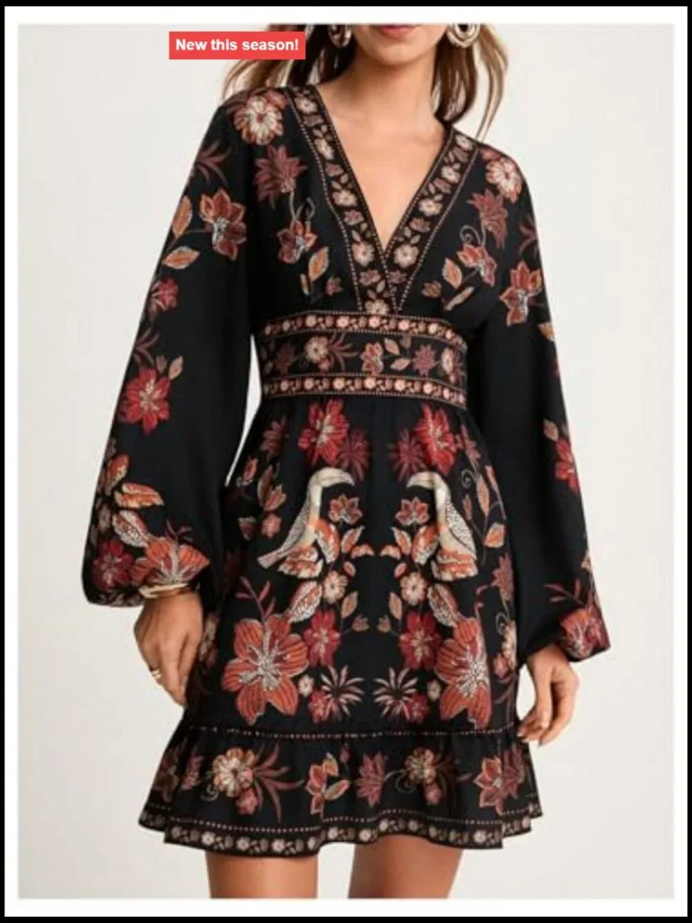 Women's Boho Floral Mini Dress V Neck Long Sleeve High Waist Fit & Flare